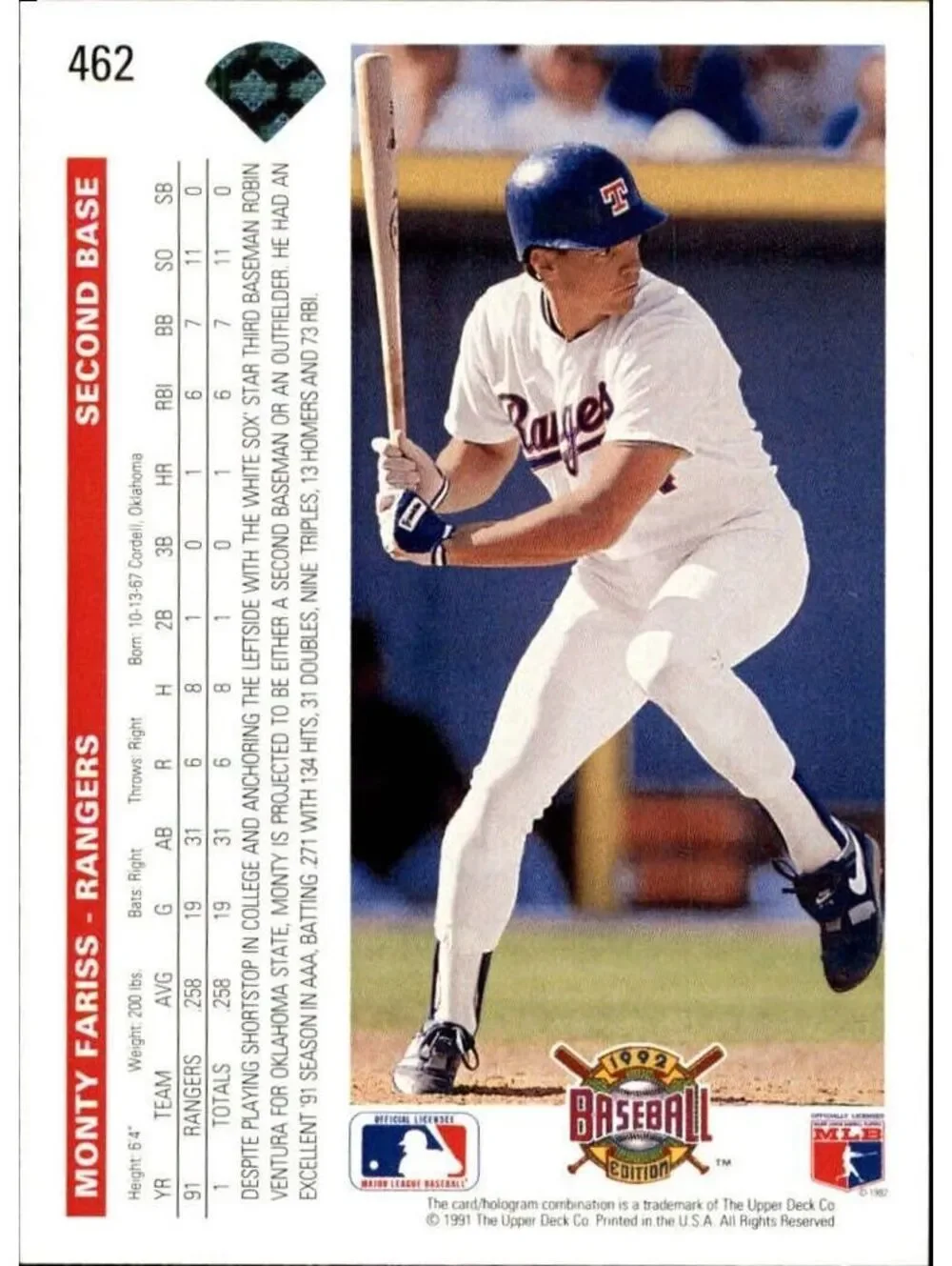 Monty Fariss 1992 Upper Deck MLB #462 Baseball Card Texas Rangers